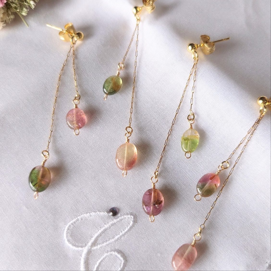  - バイカラートルマリンの華奢ロングピアス/イヤリング - アップフェル《公式》金属アレルギー対応アクセサリーパーツ専門ショップ